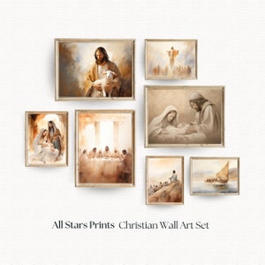 Christian Wall Art Set Minimalist Watercolor Jesus Painting,The Last Supper, Nativity Bible Prints Christian Home Decor Instant Download