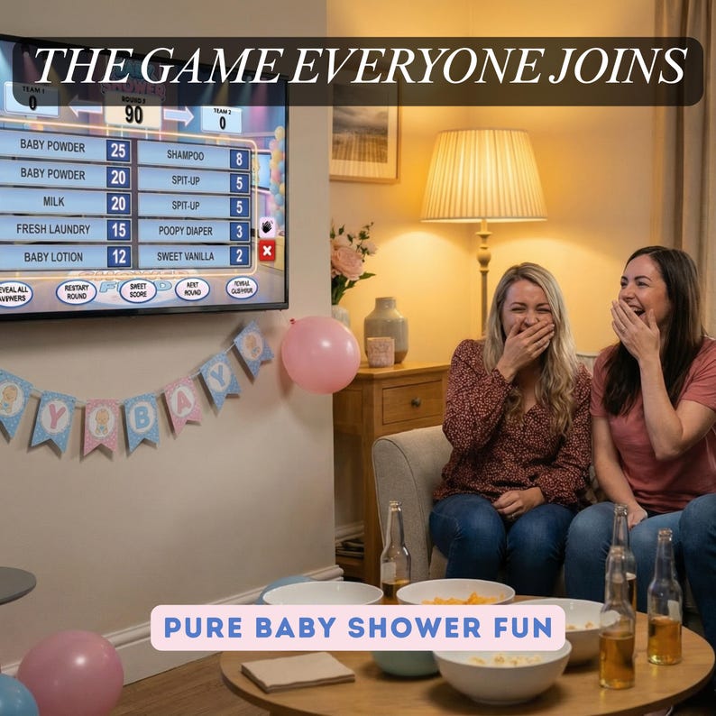 Puede incluir: Dos mujeres se r&iacute;en mientras ven un juego en una pantalla de televisi&oacute;n. La pantalla muestra un juego con categor&iacute;as tem&aacute;ticas de beb&eacute;s y puntuaciones. Una pancarta que dice "BABY" cuelga debajo del televisor. Tambi&eacute;n se ve el texto "THE GAME EVERYONE JOINS" y "PURE BABY SHOWER FUN".