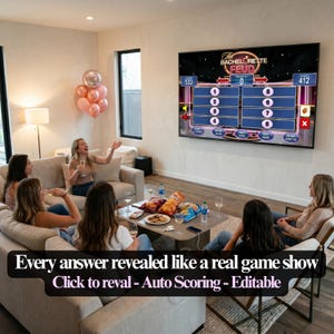 May include: A group of women are gathered in a living room, watching a game show on a large screen. The screen displays "The Bachelorette Feud" with scores and answer slots. Text on the screen reads "Every answer revealed like a real game show".