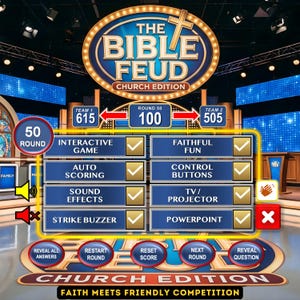 Puede incluir: Gráfico del programa de juegos "The Bible Feud Church Edition". El logotipo presenta una cruz y el nombre del programa. El tablero del juego muestra opciones de juego interactivas, puntuaciones e información de la ronda. El lema dice "La fe se encuentra con la competencia amistosa."