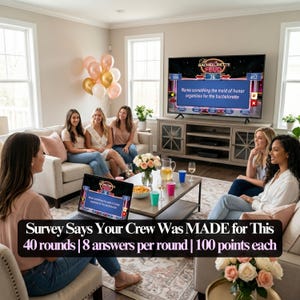 May include: A group of women are gathered in a living room, playing a game called "The Bachelorette Feud." The game is displayed on a laptop and a large TV screen. The text on the screen reads "Name something the maid of honor organizes for the bachelorette."