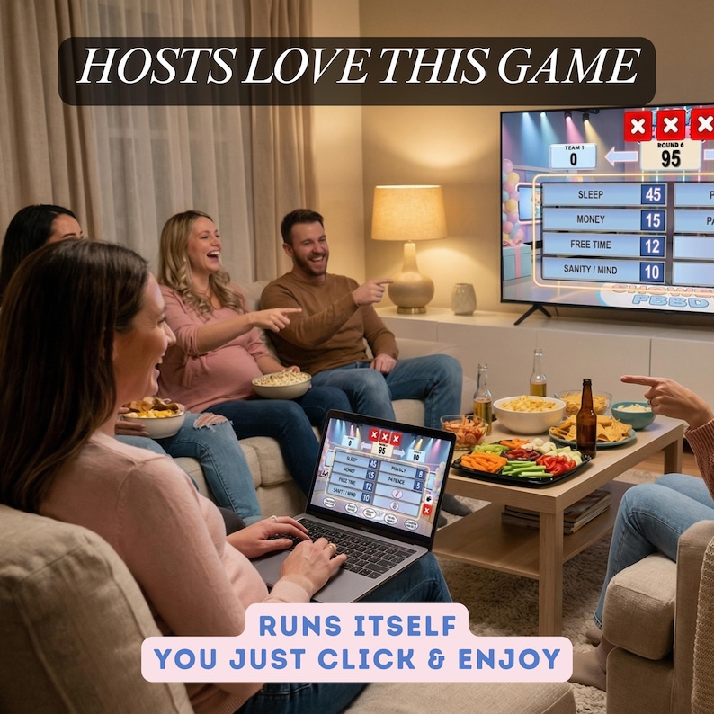 Puede incluir: Un grupo de personas reunidas en un sal&oacute;n, riendo y se&ntilde;alando una computadora port&aacute;til y una pantalla de televisi&oacute;n que muestra un juego. La pantalla de la computadora port&aacute;til muestra una interfaz de juego. El texto "HOSTS LOVE THIS GAME" y "RUNS ITSELF YOU JUST CLICK & ENJOY" es visible.