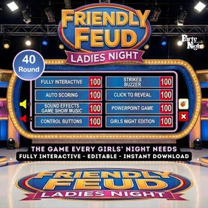 Puede incluir: Un tablero de juego digital para "Friendly Feud Ladies Night". El diseño presenta un tema de programa de juegos azul y dorado con el título del juego en un lugar destacado. Incluye elementos interactivos, puntuación y efectos de sonido. También es visible el texto "El juego que toda noche de chicas necesita".