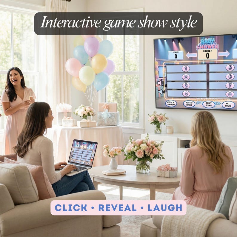 Puede incluir: Escena de sal&oacute;n con un juego de baby shower en una pantalla de televisi&oacute;n. El texto "Interactive game show style" est&aacute; en la parte superior. El texto "CLICK &bull; REVEAL &bull; LAUGH" est&aacute; en la parte inferior. Globos pastel y arreglos florales decoran la habitaci&oacute;n.