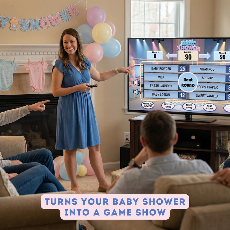 Puede incluir: Una mujer con un vestido azul se&ntilde;ala una pantalla de televisi&oacute;n que muestra un juego de baby shower. La pantalla muestra categor&iacute;as de juegos y puntuaciones. El texto "TURNS YOUR BABY SHOWER INTO A GAME SHOW" est&aacute; en la parte inferior de la imagen.