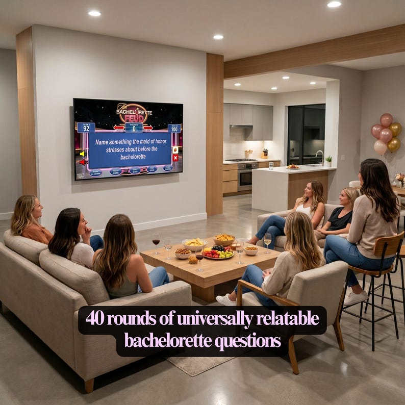 May include: A group of women are gathered in a living room, watching a game show on a large TV. The game show is titled "Bachelorette Feud." The text on the screen asks, "Name something the maid of honor stresses about before the bachelorette." The image also includes the text "40 rounds of universally relatable bachelorette questions."