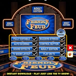 以下が含まれることがあります： 青と金のデザインの「Friendly Feud」のデジタルゲームボード。「Adult Edition」のテキストと、「Fully Editable」や「Play on TV」などのさまざまなゲーム機能が特徴です。