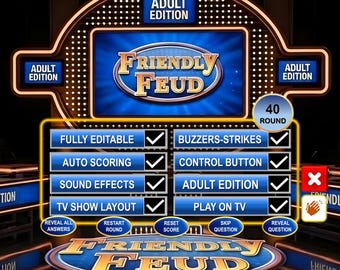 Edición para adultos de Friendly Feud, concurso de PowerPoint editable con puntuación automática, juegos para fiestas navideñas para adultos.