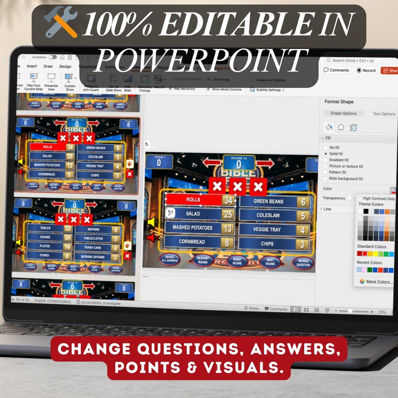 May include: A laptop screen displays a PowerPoint presentation with game show elements. The text "100% EDITABLE IN POWERPOINT" is at the top. The bottom banner reads "CHANGE QUESTIONS, ANSWERS, POINTS & VISUALS."