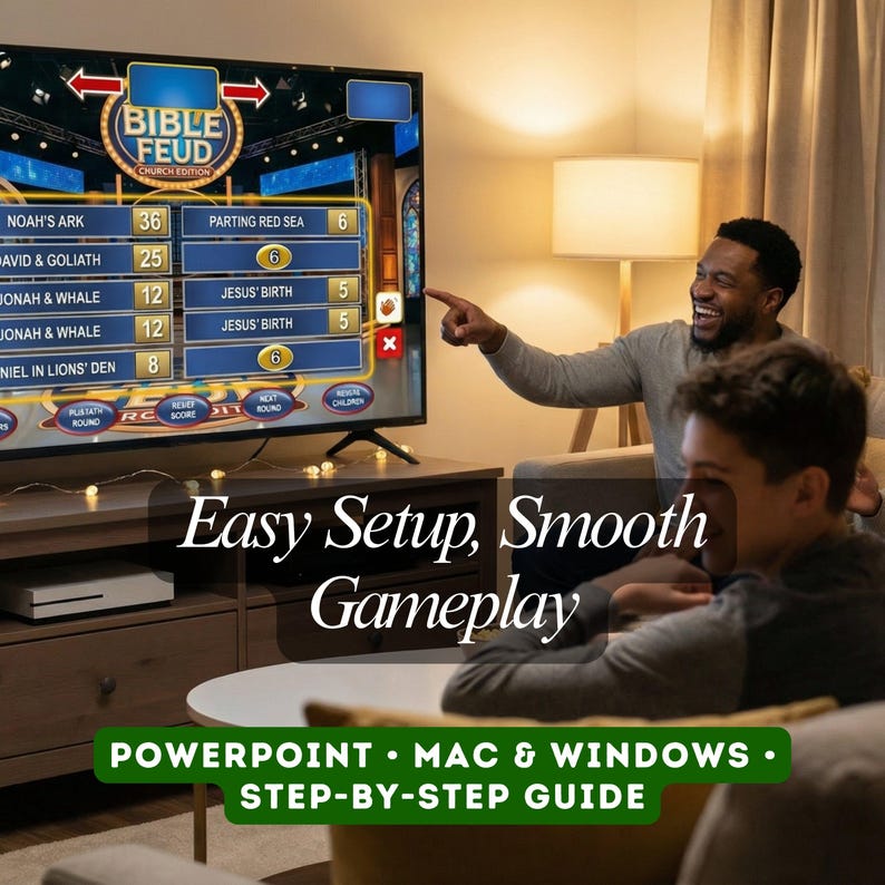 May include: A television screen displays a game of "Bible Feud." The game features categories and point values. The text "Easy Setup, Smooth Gameplay" is below the screen. Additional text at the bottom reads "POWERPOINT &bull; MAC & WINDOWS &bull; STEP-BY-STEP GUIDE."