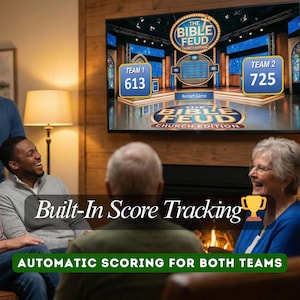 May include: A television screen displays "The Bible Feud Church Edition" game. The screen shows Team 1 with a score of 613 and Team 2 with a score of 725. The text "Built-In Score Tracking" and "Automatic Scoring for Both Teams" are also visible.