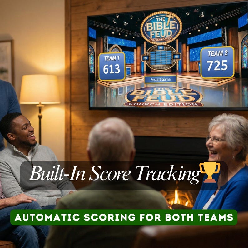 May include: A television screen displays "The Bible Feud Church Edition" game. The screen shows Team 1 with a score of 613 and Team 2 with a score of 725. The text "Built-In Score Tracking" and "Automatic Scoring for Both Teams" are also visible.