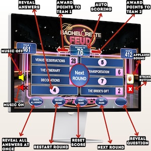 May include: A computer monitor displaying a game interface for "The Bachelorette Feud." The screen shows game elements like scores, round numbers, and answer categories. Buttons include "Next Round," "Reveal Answers," and "Strike Button."