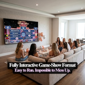 May include: A group of women are gathered in a living room, watching a game show on a large screen. The screen displays "The Bachelorette Feud" game. The text "Fully Interactive Game-Show Format. Easy to Run. Impossible to Mess Up." is at the bottom.