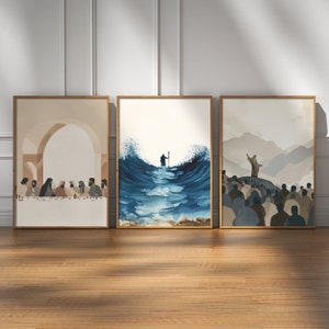 Christian Wall Art Watercolor Paintings Set of 3 The Last Supper Jesus Sermon Scripture Wall Art Christian Home Decor Digital Download