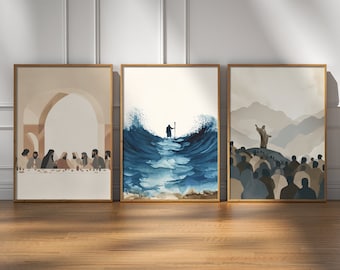 PLR Christliche Wandkunst Aquarell Gemälde 3er Set Das letzte Abendmahl Jesus Predigt Schrift Wandkunst Christian Wohnkultur Digitaler Download