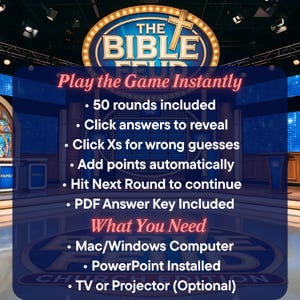 May include: A promotional image for "The Bible Feud" game. The image features the game's logo with a cross and text. Text highlights features like 50 rounds, automatic point addition, and a PDF answer key. Requirements include a computer and PowerPoint.