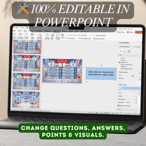 Puede incluir: Una pantalla de port&aacute;til muestra una presentaci&oacute;n de PowerPoint con un tema de concurso. El texto en la pantalla dice "100% EDITABLE IN POWERPOINT" y "CHANGE QUESTIONS, ANSWERS, POINTS & VISUALS." La plantilla del concurso es para una disputa de baby shower.