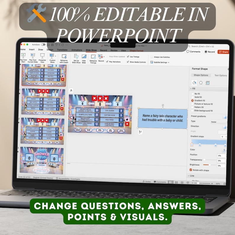Puede incluir: Una pantalla de port&aacute;til muestra una presentaci&oacute;n de PowerPoint con un tema de concurso. El texto en la pantalla dice "100% EDITABLE IN POWERPOINT" y "CHANGE QUESTIONS, ANSWERS, POINTS & VISUALS." La plantilla del concurso es para una disputa de baby shower.