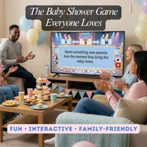 Puede incluir: Un grupo de personas jugando a un juego de baby shower frente a un televisor. La pantalla muestra la pregunta: "Nombra algo que los nuevos padres pierden en el momento en que traen al beb&eacute; a casa." Tambi&eacute;n hay globos y aperitivos.