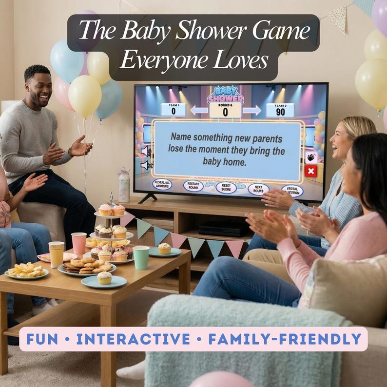 Puede incluir: Un grupo de personas jugando a un juego de baby shower frente a un televisor. La pantalla muestra la pregunta: "Nombra algo que los nuevos padres pierden en el momento en que traen al beb&eacute; a casa." Tambi&eacute;n hay globos y aperitivos.