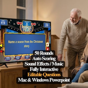 May include: A television screen displaying a game show interface with the text "BIBLE FEUD CHURCH EDITION." The game asks "Name a scene from the Christmas story." Additional text includes "50 Rounds," "Auto Scoring," and "Editable Questions."