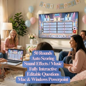 Puede incluir: Una reuni&oacute;n para un baby shower con una pancarta que dice "BABY SHOWER". Una computadora port&aacute;til y un televisor grande muestran una interfaz de juego. El juego presenta 50 rondas, puntuaci&oacute;n autom&aacute;tica, efectos de sonido y preguntas editables. Compatible con Mac y Windows PowerPoint.