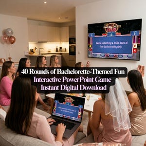 May include: A group of women are gathered, playing a bachelorette party game. The game is displayed on a laptop and a large TV screen. The text on the screen reads "Bachelorette Feud". The image also includes the text "40 Rounds of Bachelorette-Themed Fun".