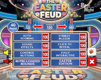 Friendly Feud Paasfeestspel, familievakantiespellen voor volwassenen en tieners, interactieve powerpointshow, direct downloaden