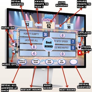 Puede incluir: Un monitor de computadora que muestra una interfaz de juego de baby shower. La pantalla muestra elementos del juego como puntuaciones, indicaciones de preguntas y botones interactivos. La interfaz incluye el texto "Baby Shower" y "Round 9".