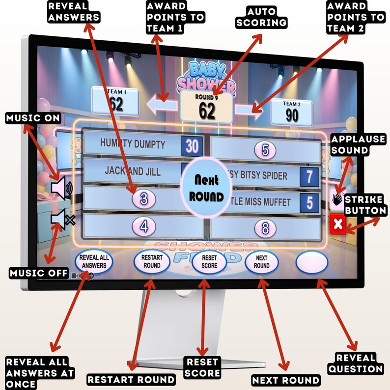 Puede incluir: Un monitor de computadora que muestra una interfaz de juego de baby shower. La pantalla muestra elementos del juego como puntuaciones, indicaciones de preguntas y botones interactivos. La interfaz incluye el texto "Baby Shower" y "Round 9".