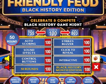 Juego familiar afroamericano de Friendly Feud, juegos de fiesta para el Mes de la Historia Afroamericana, concurso de PowerPoint editable con puntuación automática
