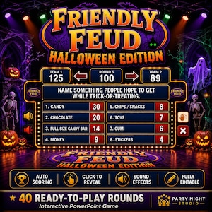 Peut inclure: Un tableau de jeu numérique intitulé Friendly Feud Halloween Edition présentant un score avec deux équipes, le numéro de manche et une question de sondage sur la collecte de bonbons. L'affichage inclut huit réponses classées.