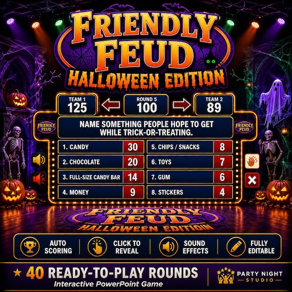 Friendly Feud Halloween Game Night, Editable Powerpoint Halloween Party Games, Holiday Family Games for Adults and Kids