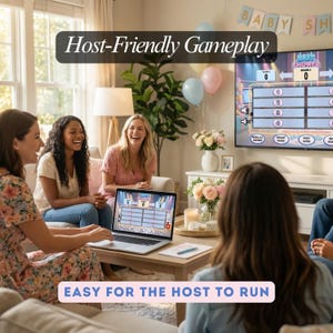 Puede incluir: Un grupo de mujeres r&iacute;e mientras juega a un juego en un port&aacute;til. El port&aacute;til muestra un juego de baby shower. El texto en la pantalla dice "Baby Shower". Tambi&eacute;n se ven los textos "Host-Friendly Gameplay" y "Easy for the Host to Run".