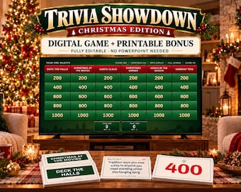 Christmas Trivia Game,  Holiday Party Family Group Games, Printable and Digital Christmas Jeopardy Games for Adults Teens and Office Parties