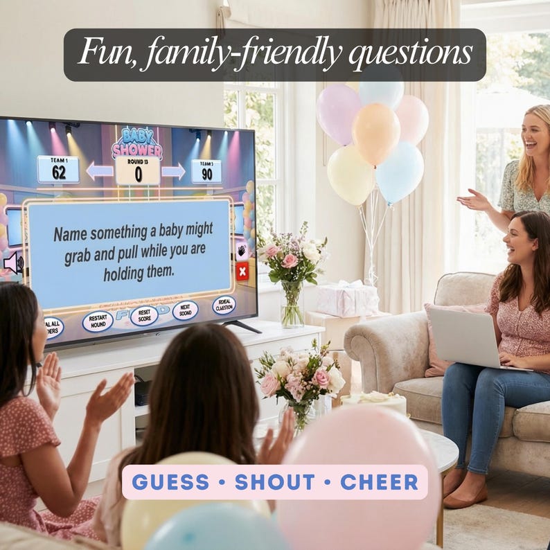Puede incluir: Una escena de juego de baby shower en una sala de estar. La pantalla del televisor muestra una pregunta del juego: "Nombra algo que un beb&eacute; podr&iacute;a agarrar y tirar mientras lo sostienes". Globos y flores decoran la habitaci&oacute;n. El texto en la pantalla dice "Fun, family-friendly questions."