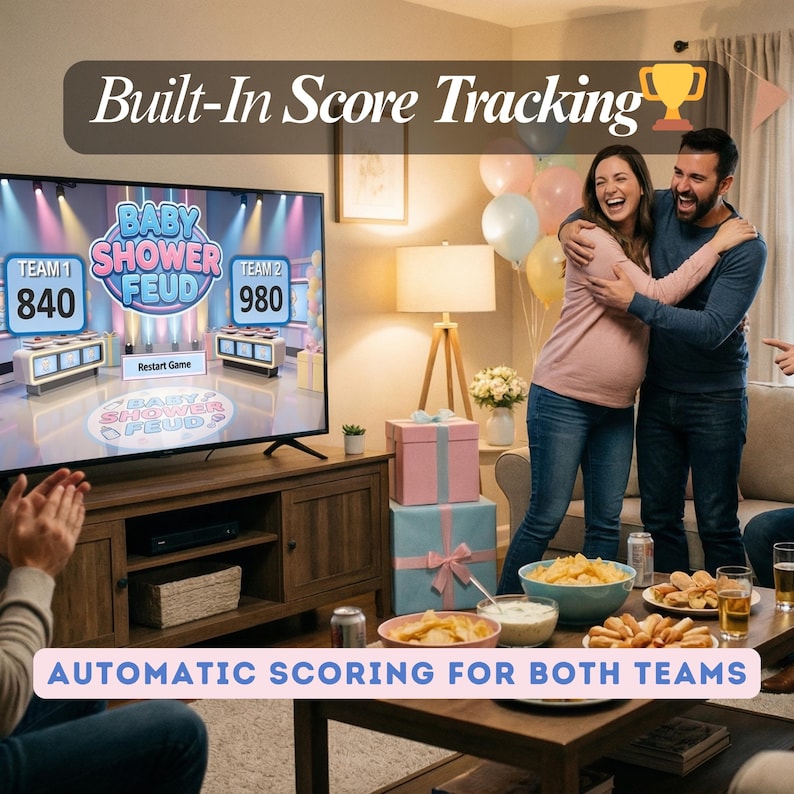 Puede incluir: Escena de sala de estar con un televisor grande que muestra un juego llamado "Baby Shower Feud". La pantalla muestra puntuaciones y el texto "Built-In Score Tracking" y "Automatic Scoring for Both Teams". Una pareja se abraza y hay aperitivos y bebidas en una mesa de centro.
