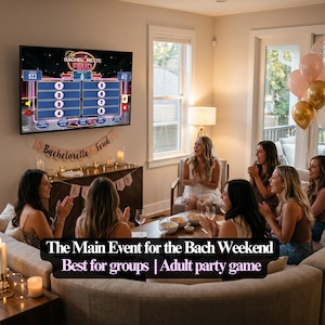 May include: A group of women are gathered in a living room, laughing and enjoying a game displayed on a large TV. The game is "The Bachelorette Feud". A banner reads "Bachelorette Feud". The text on the image says "The Main Event for the Bach Weekend Best for groups | Adult party game".