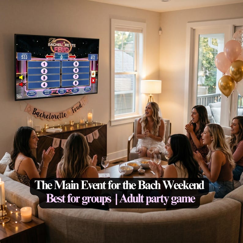 May include: A group of women are gathered in a living room, laughing and enjoying a game displayed on a large TV. The game is "The Bachelorette Feud". A banner reads "Bachelorette Feud". The text on the image says "The Main Event for the Bach Weekend Best for groups | Adult party game".