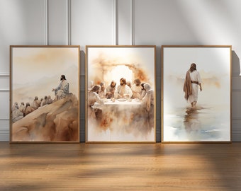 PLR Christliche Wand Kunst Aquarell 3er Set Das letzte Abendmahl Jesus Predigt Bibel Vers Wand Kunst Christian Wohnkultur Digitaler Download