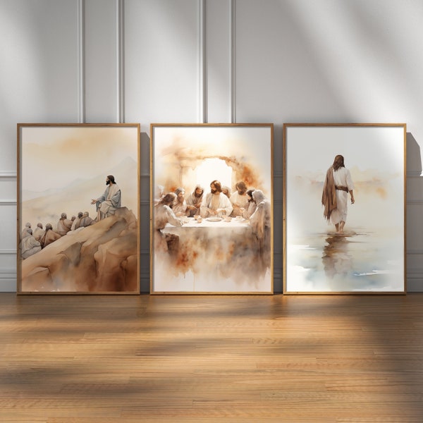 OUR Christian Wall Art aquarel set van 3 het laatste avondmaal Jezus preek Bijbelvers Wall Art Christian Home Decor digitale download