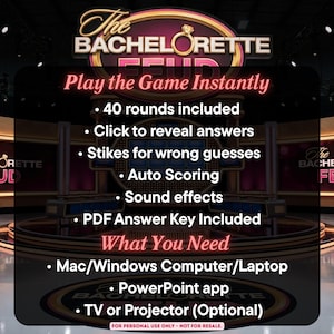 May include: A digital game titled "The Bachelorette Feud" with a pink and gold logo. The image lists features like 40 rounds, auto-scoring, and sound effects. It requires a computer, PowerPoint, and optionally, a TV or projector.