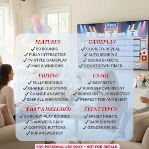 Puede incluir: Un juego digital de baby shower que se muestra en una pantalla de televisi&oacute;n, con detalles sobre las funciones y el juego. El juego incluye 50 rondas, elementos interactivos y efectos de sonido. El texto dice "Baby Shower" y "For personal use only - not for resale."