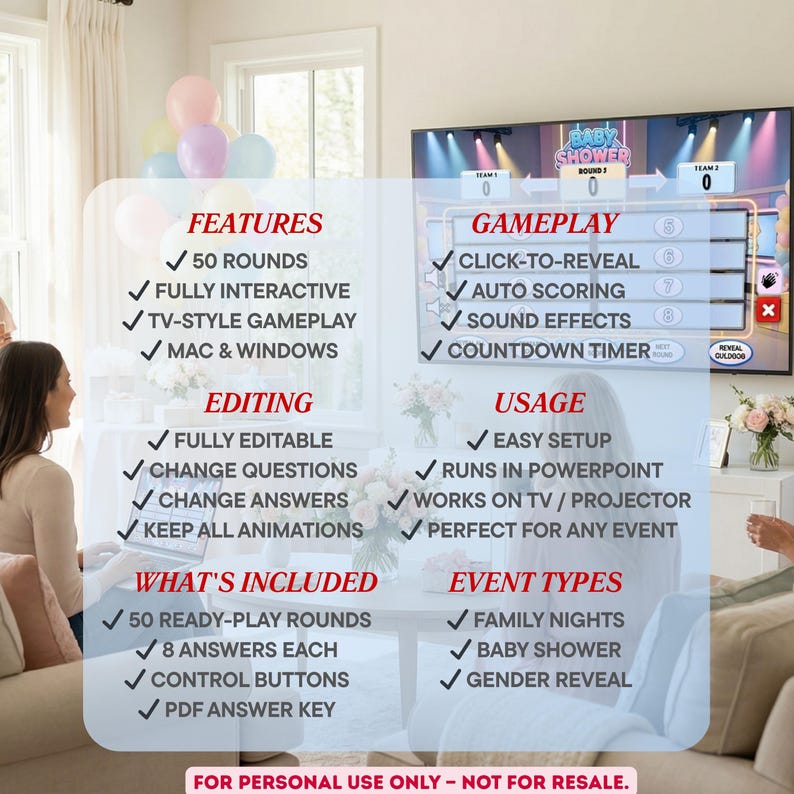 Puede incluir: Un juego digital de baby shower que se muestra en una pantalla de televisi&oacute;n, con detalles sobre las funciones y el juego. El juego incluye 50 rondas, elementos interactivos y efectos de sonido. El texto dice "Baby Shower" y "For personal use only - not for resale."