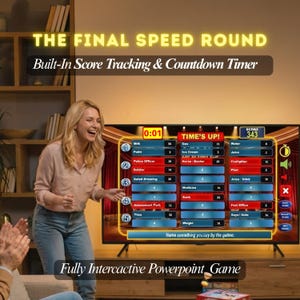 May include: A woman laughs while playing a game on a large TV screen. The screen displays a game interface with a timer, score, and various categories. Text on the screen reads "THE FINAL SPEED ROUND" and "Built-In Score Tracking & Countdown Timer."