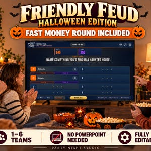 May include: A digital game titled Friendly Feud Halloween Edition displayed on a television screen, featuring a game board with the question Name something you'd find in a haunted house, team scores, and a Fast Money Round Included banner.