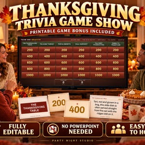 May include: A Thanksgiving Trivia Game Show digital display featuring a grid of categories and point values from 200 to 1000. The screen shows text including The Thanksgiving Table, Talking Turkey, Pies & Sweets, Fall Harvest, and Family & Tradition.