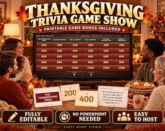 Thanksgiving Trivia Game,  Holiday Party Family Group Games, Printable and HTML Thanksgiving Jeopardy Game for Adults and Kids