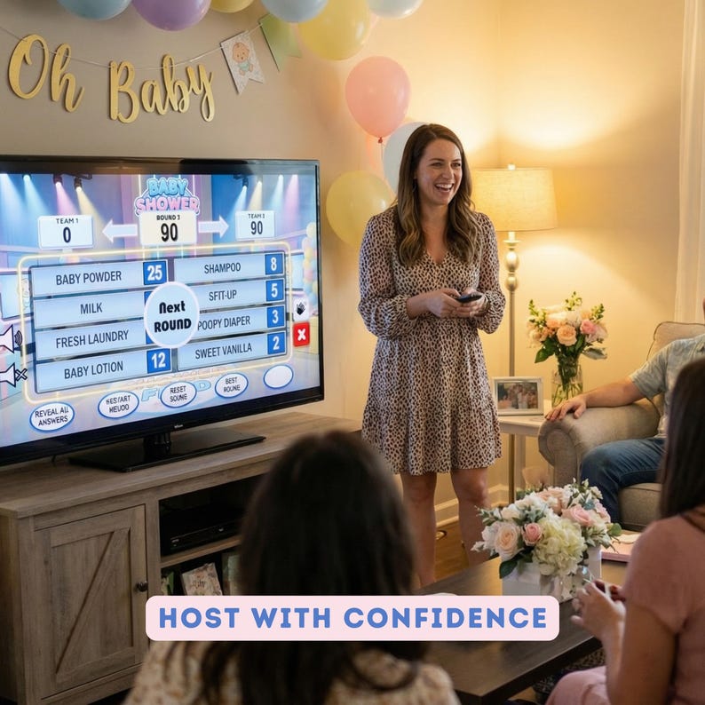 Puede incluir: Una pantalla de televisi&oacute;n muestra un juego de baby shower con categor&iacute;as como "Polvos de beb&eacute;" y "Leche". Una mujer con un vestido estampado sonr&iacute;e, sosteniendo un mando a distancia. Las palabras "Oh Baby" est&aacute;n encima del televisor, y el texto "HOST WITH CONFIDENCE" est&aacute; abajo.